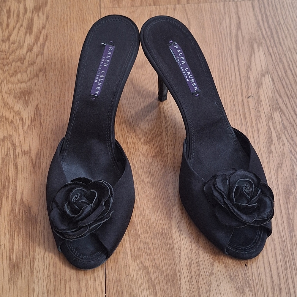 Ralph Lauren Purple Label Black Heels with Floral Accent
